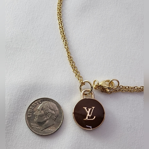 Authentic Louis Vuitton brown gold LV charm on gold stainless chain - Picture 3 of 7